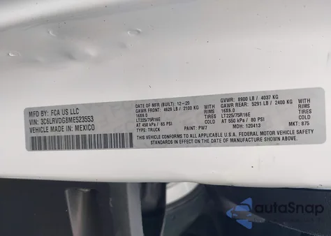 2021 Ram Promaster 2500 High Roof 159 Wb from USA, damaged, VIN 3C6LRVDG8ME523553